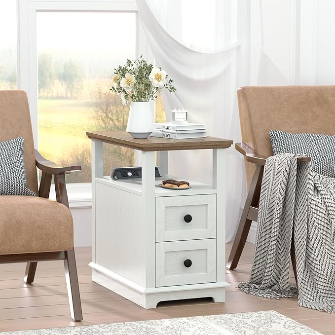 HIFYOBRO End Table with Flip Top Charging Station Set of 2, White Side Table with 2 Drawers, Type-C & USB Port & Power outlets, Narrow Wooden Storage Cabinet for Living Room and Bedroom