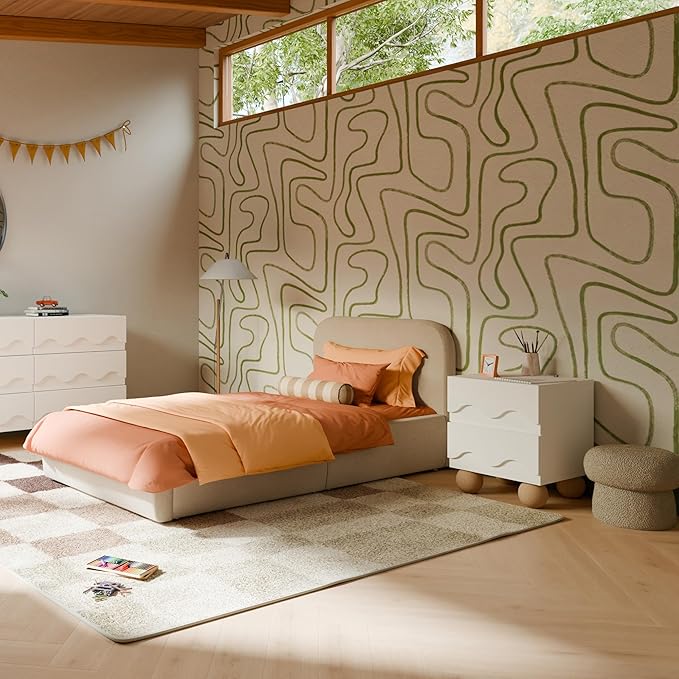 Babyletto Kids Mini Mushroom Pouf - Ottoman Foot Rest - Poofy Plush, Round Footrest Stool for Couch - GREENGUARD Certified Soft & Stuffed, Comfy Small Pouf Ottoman for Living Room/Nursery Floor, Latte