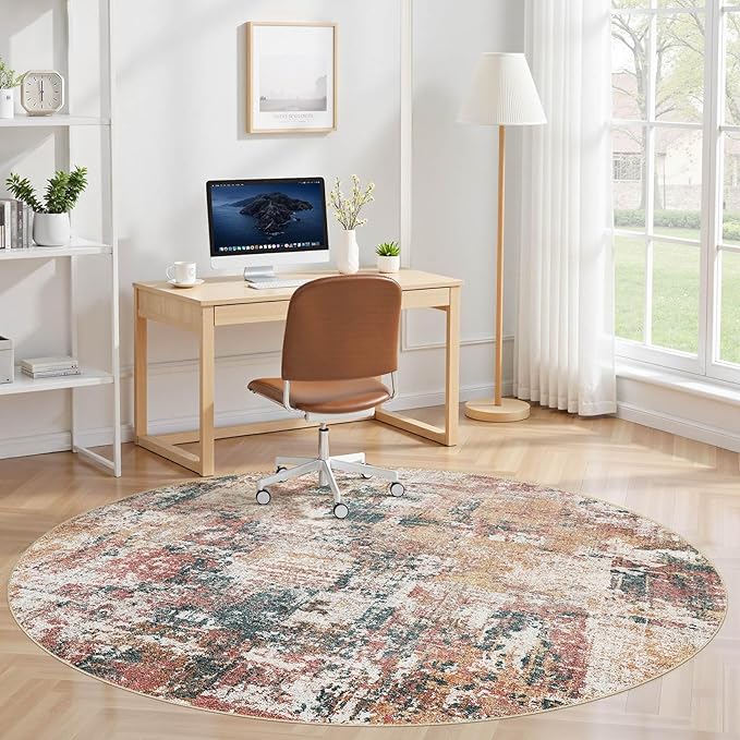 Tortania Washable 5' Round Area Rug for Living Room: Modern Abstract Neutral Large So' Thin Rugs - Non Slip Indoor Carpet for Bedroom Dining Room Office Nursery Home Floor Decoration - Colorful Multi