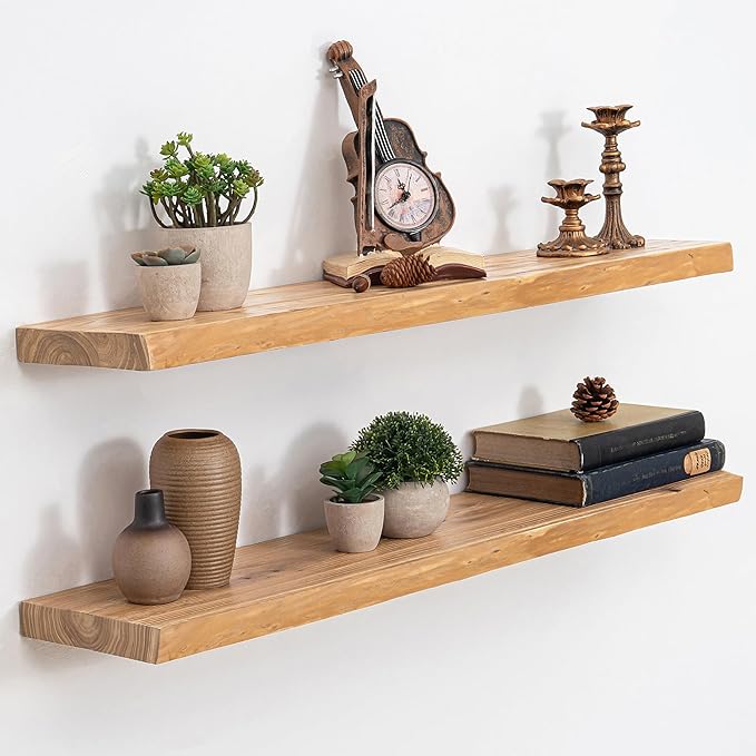 Floating Shelves, 8" Deep Rustic Solid Wood Wall Mounted Floating Shelves, Wall Shelves with Invisible Bracket for Living Room Bathroom Bedroom Kitchen, 36 Inch Set of 2, Natural