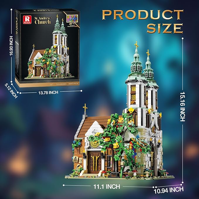 Reobrix St.Andrew's Church Architecture Building Kit with LED Lights,MOC Street Modular Collectible Display Kit,Construction Building Model Set,Home Office Decor,Idea Gift for Adults and Teen,3087 PCS