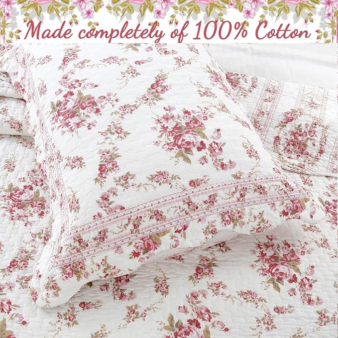 Cozy Line Home Fashions 100% Cotton Quilt Bedding Set, Pink Floral Reversible Coverlet Bedspread (Vintage Rose, King - 3 Piece)