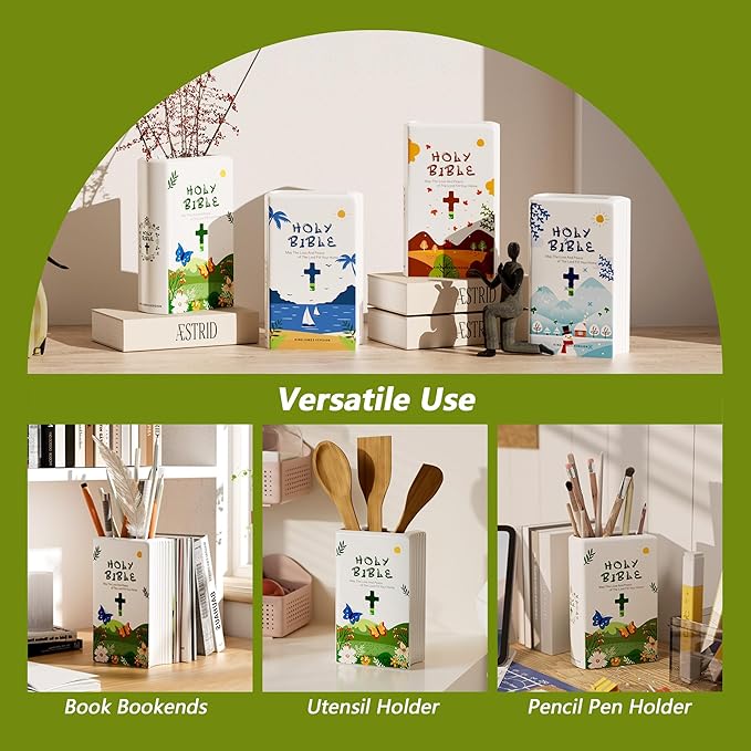 Bible Blessings Spring Flower Vase - Modern Ceramic Book-Shaped Vase for Flowers - Christian Desk Decor for Prayer Room, Dining Table, Coffee Table, Entryway Console, Religious Gifts(Green Spring, XL)