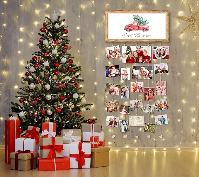 Wooden Family Christmas Card Display - Wall Hanging Sign & Photo Collage Holder for Living Room, Bedroom & Entryway