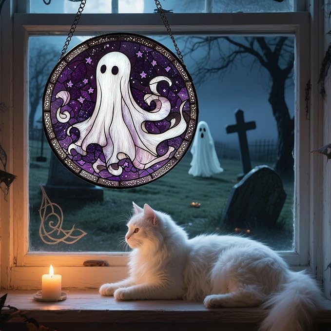Stained Glass Window Hanging - Halloween Decorations White Ghost Purple Stars Suncatcher for Doors Garden Spooky Funny Sun Catchers Gothic Decor Horror Gifts for Women Men Friend 6.3 in