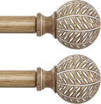 2 Pack Wood Curtain Rods for Windows 48 to 84 Inch,1'' Diameter Drapery Rods with Imitation Wood Grain Leaf Pattern Finials,Boho Adjustable Heavy Duty Curtain Rods Set,36-88'',Weathered Wood