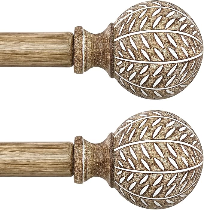 2 Pack Wood Curtain Rods for Windows 48 to 84 Inch,1'' Diameter Drapery Rods with Imitation Wood Grain Leaf Pattern Finials,Boho Adjustable Heavy Duty Curtain Rods Set,36-88'',Weathered Wood