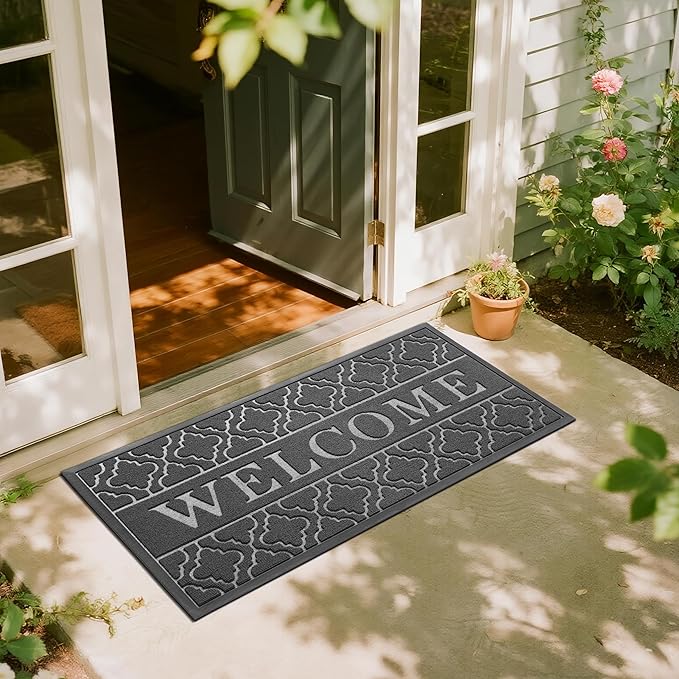 Yimobra Welcome Mat Outdoor Indoor, All-Season Waterproof Front Door Mat Outside Entrance, All-Weather Heavy Duty Non-Slip Doormat, Low Profile Porch Patio Entrance Mats, 47x24, Dark Grey