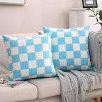 Alysheer Checkered Embroidered Decorative Throw Pillow Covers 18"x 18" Set of 2, Classic Accent Designer Blue White Plaid Patterned Cotton Cushion Cases for Sofa Couch Bed Living Room Outdoor Decor