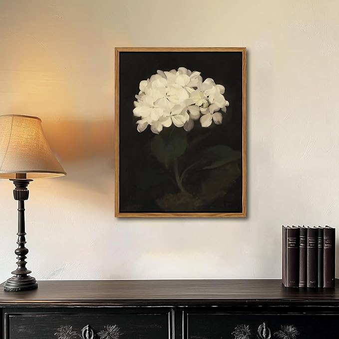 Framed Wall Art for Living Room – Vintage White Hydrangea Oil Painting Canvas Prints, Aesthetic Bedroom Wall Art, Kitchen Decor for Shelves, Bathroom Office Artwork Wall Decor – 12x16in