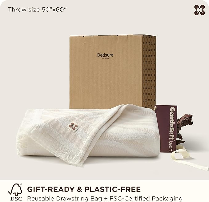 Bedsure 100% Cotton Throw Blanket for Couch - Chenille Woven Textured Blanket Gifts for Women, Cozy and Soft for All Seasons, Home Decor Boho Throw for Bed, Sofa, Oat Milk, 50x60 Inches