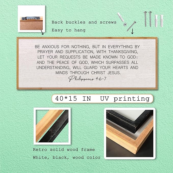 LuZhiQiang Be Anxious for Nothing Wall Decor 40"×15" Philippians 4:6-7 Bible Verse Sign Large Christian Scripture Wood Framed Hanging Decor (Wood)