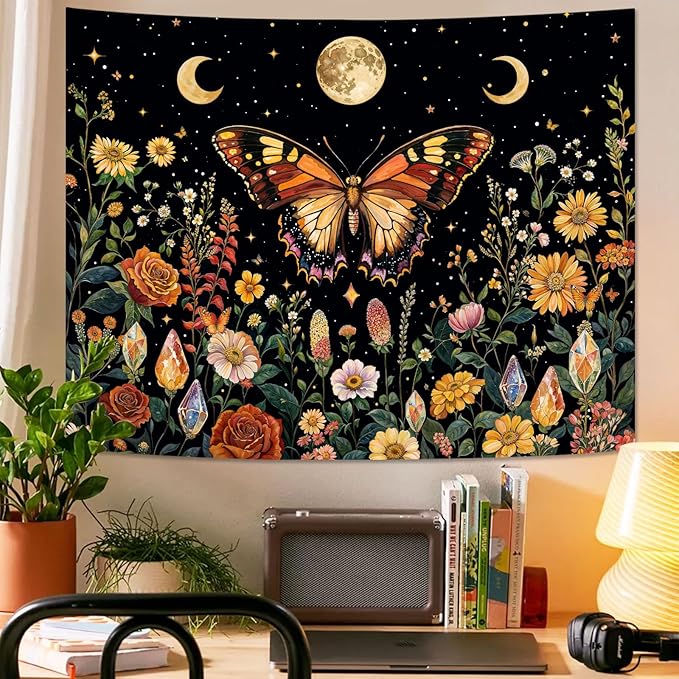 Lunerfex Boho Butterfly Tapestry Flower Moon Wall Tapestry, Moon Phases Tapestries for Bedroom Cute Tapestries Wall Hanging for Bedroom Living Room Decor Butterfly-2 44"x60"