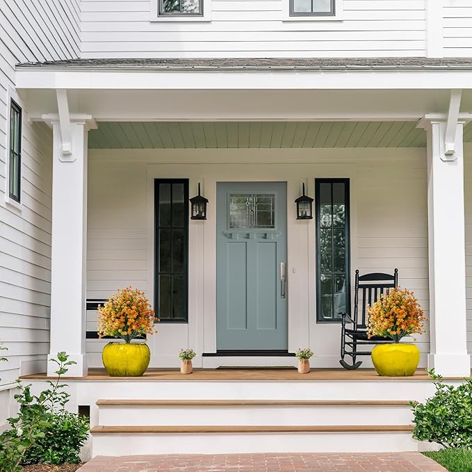 Artificial Monkey Grass Stem with Orange-Red Flowers, Set of 2 Faux Evergreen with Metal Spike, UV Resistant Realistic Faux Shrubs for Garden, Yard, Patio, Porch Outdoor Decor