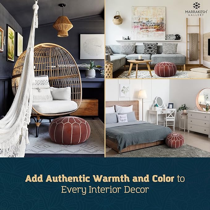 Marrakesh Gallery Genuine Leather Round Pouf Cover - Handmade Moroccan Ottoman Footstool, Unstuffed Footrest - Boho Decor - Bohemian Living Room, Bedroom, Kids Room - Housewarming Gift & Wedding