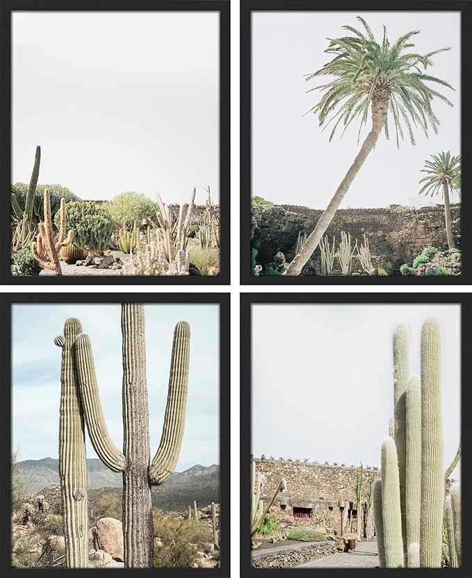 SIGNWIN Framed Tropical Palm Tree Saguaro Cactus Wall Art, Set of 4 Desert Landscape Wall Decor Prints, Nature Wilderness Wall Décor for Living Room, Bedroom - 11"x14"x 4 Black