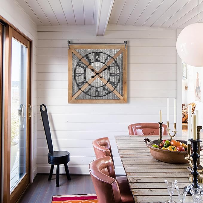 Oakrain Rustic Large Wall Clock, Classic Vintage Hanging Clock, Silent Non-Ticking Square Wall Clock for Living Room Bedroom Office, Numeral, Brown, 27''x29''