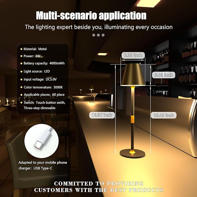 Modern LED CordlessTable Lamp,4000mAh Rechargeable Battery Desk lamp,3 Level Brightness Night Light,Minimalist Design, for Couple Dinner/Coffee Table/Restaurant/Bedroom(Gold&Black)