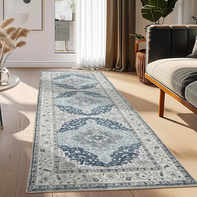 Topllen Runner Rug - 2'6" x8'Boho Washable Kitchen Rug, Non-Slip Soft Low Pile Rugs Indoor for Hallway Hall Living Room Bedroom Sunroom, Vintage Throw Stair Carpet Stain Resistance (Blue, 2.5x8ft)