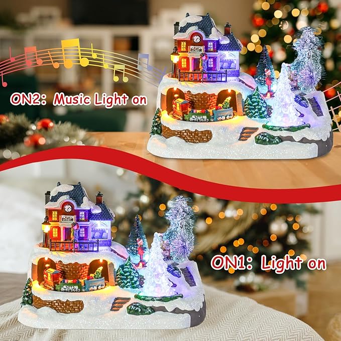 VCUTEKA Christmas Village Houses, Rotating Train with Crystal Tree and Peoples Lighted Musical Christmas Village Collectible Building for Xmas Indoor Decorations or Holiday Table Displays