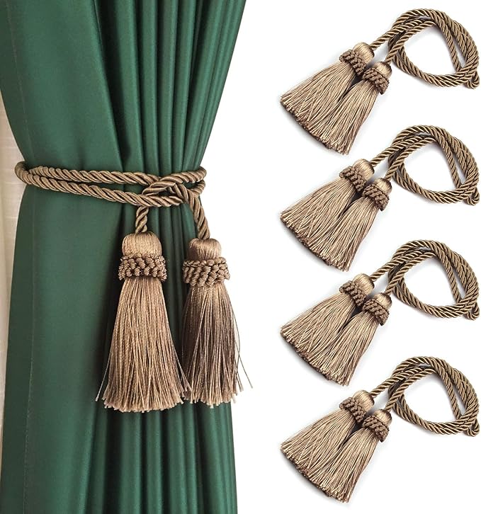 Fenghuangwu Curtain Tiebacks Handmade Decorative Curtain Holdbacks Rope with Tassel (flaxen, 4P)