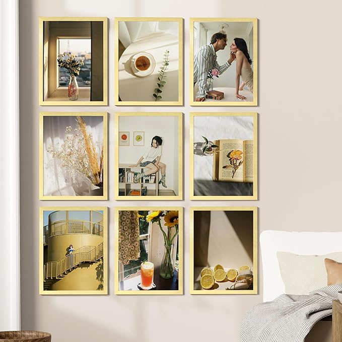 Vittanly 12x16 Picture Frames Set of 9, Shatter Resistant Plexiglass, Display 11x14 Pictures with Mat or 12x16 without Mat, Photo Frames for Wall Mount, Engineered Wood, Gold