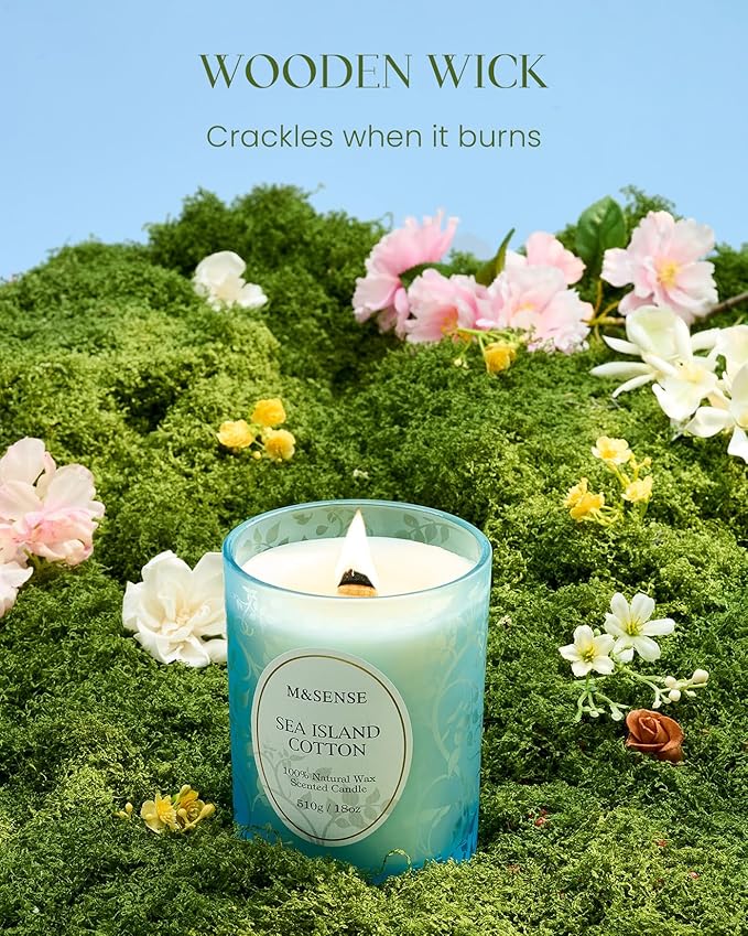 M&SENSE Sea & Cotton Scented Candle, Cracking Wooden Wick Soy Wax, 18oz 100 Hours Long Lasting Clean Burn, Large Summer Candles for Home Decor, Non-Toxic Relaxing Aromatherapy Gifts for Women