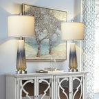 28" Glass Table Lamp Set of 2, Modern Table Lamps with USB A+C Ports & AC Outlet, Touch Control Bedside Nightstand Lamp with LED Night Light & White Fabric Shade for Living Room Blue(4 Bulbs Included)