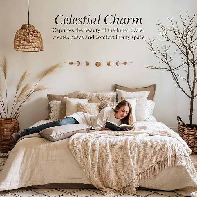 BASE ROOTS Moon Phase, Gold Wall Decor for Bedroom & Living Room, Bohemian Wall Decor, Handmade Hammered Metal 34" 7 Phases Moon, Celestial Wall Art, Gift for Women & Kids