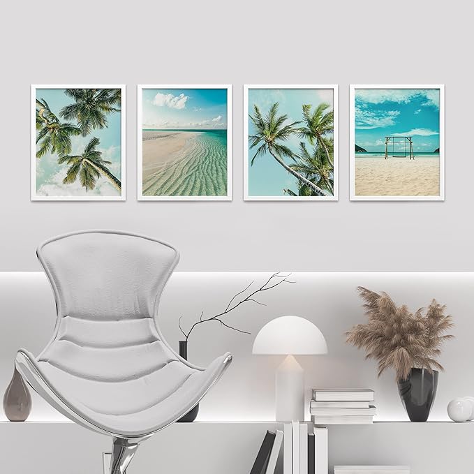 SIGNWIN Framed White Topical Teal Sky Palm Tree Beach Ocean Seaside Wall Art, Set of 4 Landscape Colorful Wall Decor Prints, Nature Wilderness Wall Décor for Living Room, Bedroom - 12"x16" White