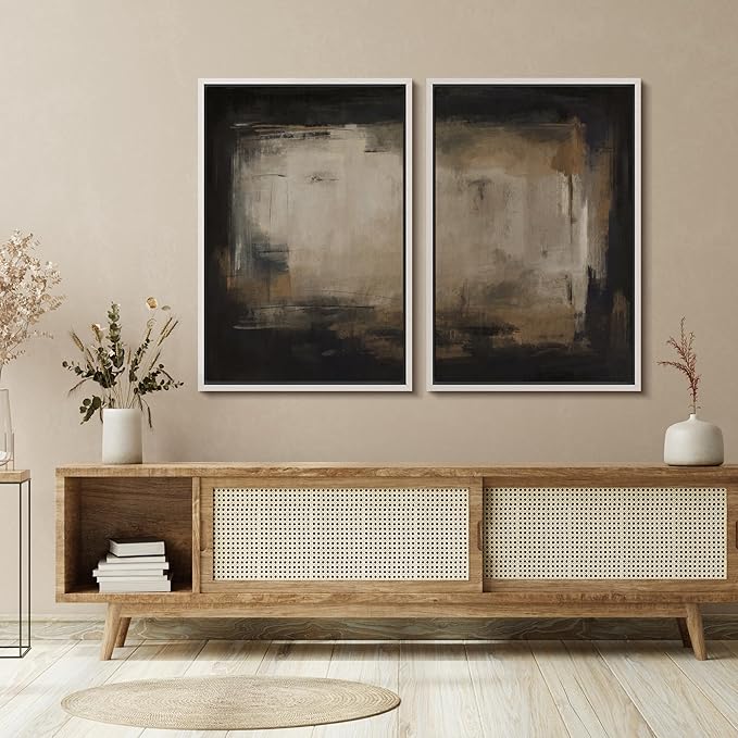 SIGNFORD Framed Canvas Print Wall Art Set Neutral Black and Brown Contemporary Minimalist Illustration Modern Art Decorative for Living Room, Bedroom, Office - 24"x36"x2 White
