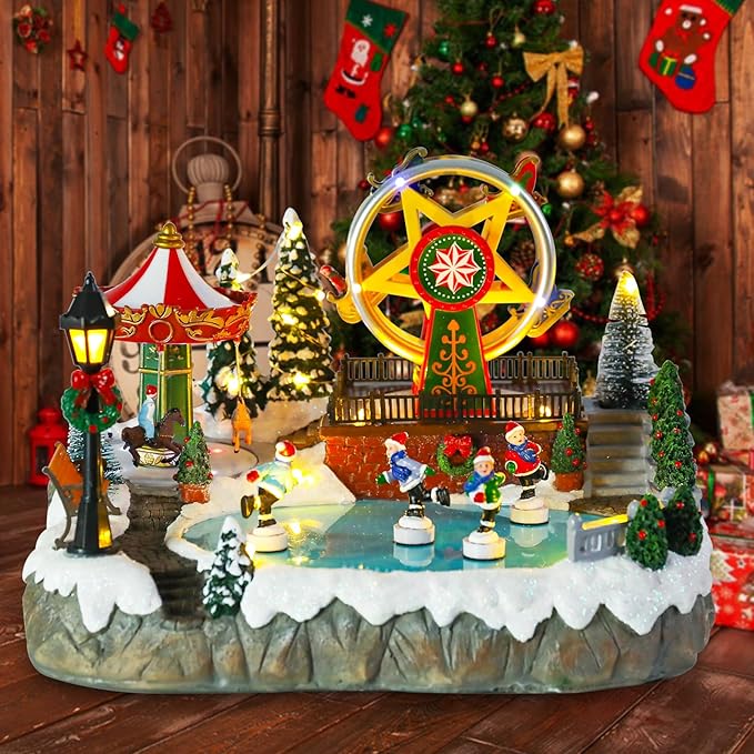 Christmas Village House Musical Christmas Collectible Buildings Amusement Park Carousel Skating Ferris Wheel with LED Lights Vacation Village with USB Indoor Figurines Xmas Decoration