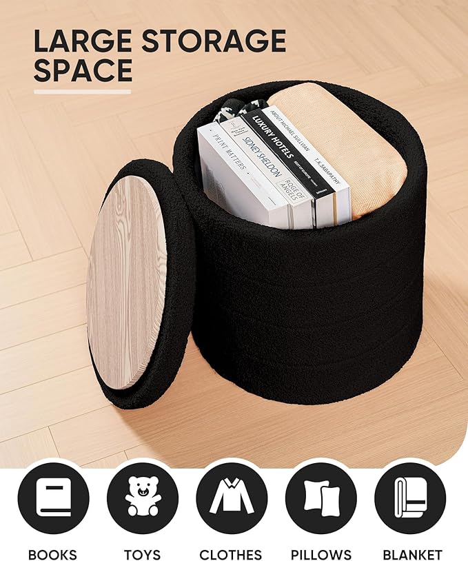 B FSOBEIIALEO Ottoman with Stroage, Round Sherpa Storage Ottoman Stool, Boucle Foot Rest 16.9"x16.9"x17.7"（Black