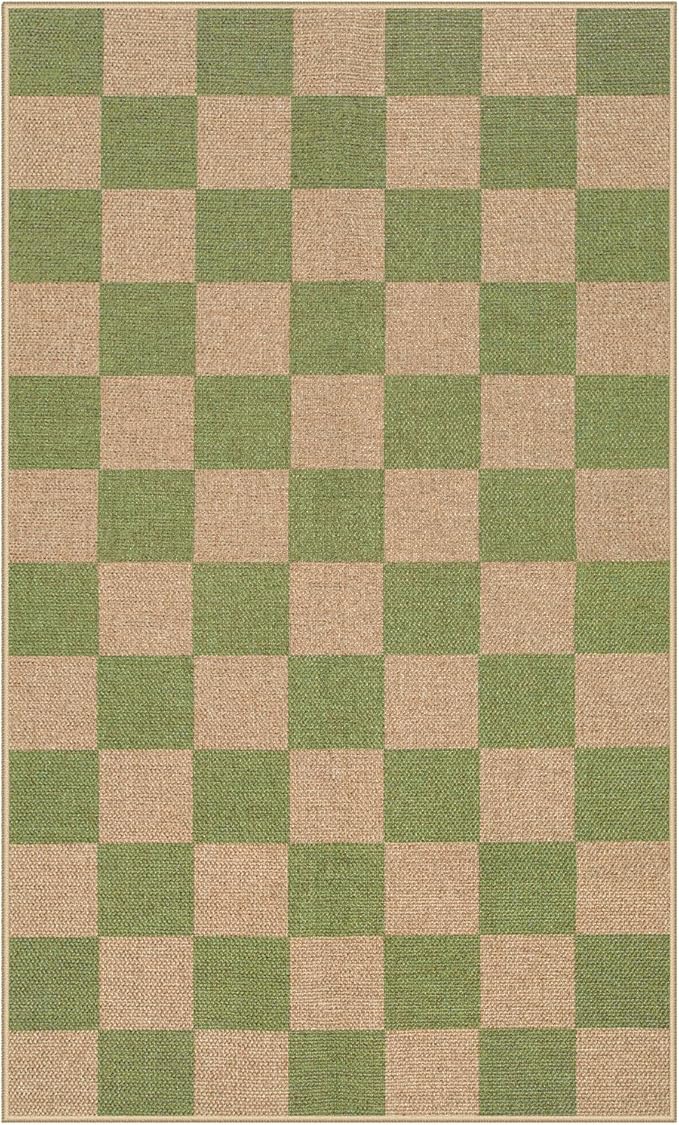 Lahome Checkered 3x5 Washable Rug, Green Easy Jute Rug for Entryway Living Room, Modern Non Slip Non Shedding Indoor Outdoor Carpet for Porch Deck Kitchen