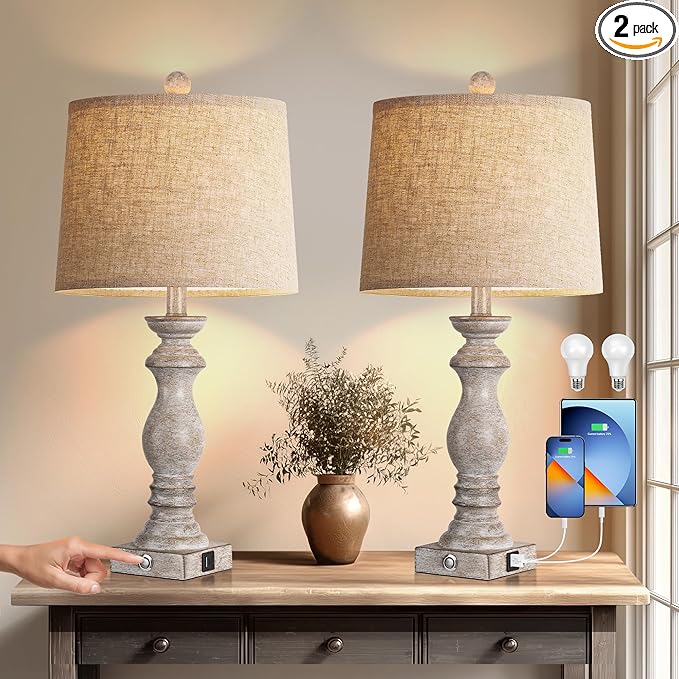 24.5" Table Lamp Set of 2, Rustic Farmhouse Bedside Lamps with USB A+C Charging Ports, 3-Way Dimmable Touch Control Nightstand Lamps for Living Room Bedroom, Antique Grey White, LED Bulbs Included
