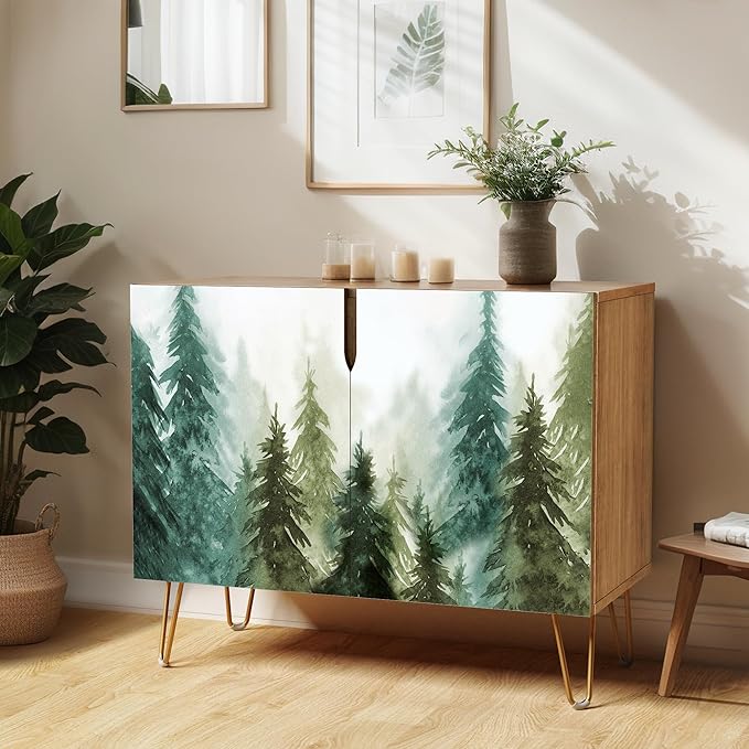 SIGNWIN Sideboard Buffet Cabinet, Kitchen Storage Cabinet with 2 Doors, Pastel Watercolor Pine Trees, Cupboard Console Table for Dining Room - 35" L x 18" W x 29" H