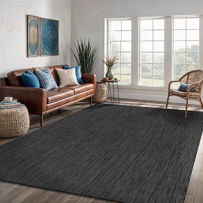 Washable Indoor Outdoor Rug 8x10 Weather Resistant Area Rugs Modern Solid for Porch Deck Balcony Backyard Patio Outside Carpet (8 X 10 Dark Grey)