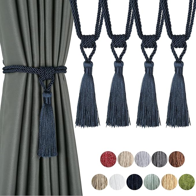 Fenghuangwu Curtain Tiebacks Tassel Tie-Backs, Rope Curtain tie Backs Handmade Curtain Holdbacks Made from Polyester (Navy, 4p)