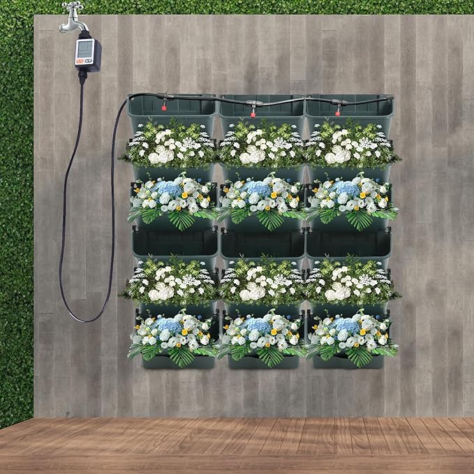 Self-Watering Wall-Mounted Planter, Vertical Garden Planter Set with 18 Pots, Stackable Plant Grow Pots with Electronic Timer for Growing Veggies, Fruits, Herbs, Flowers.