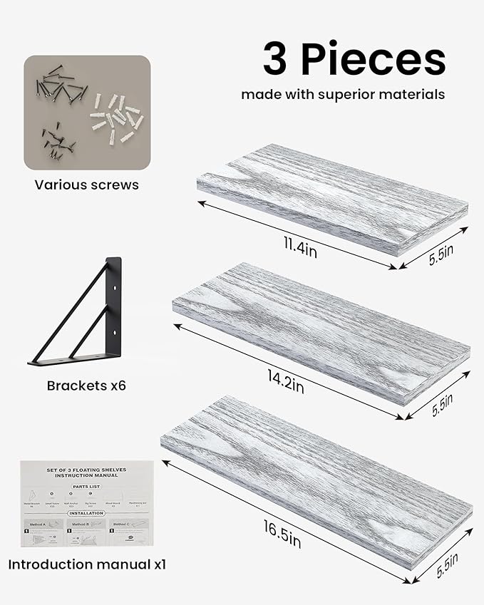 BAYKA Wall Shelves for Bedroom Decor, Floating Wall Shelves for Living Room Kitchen Storage, Wall Mounted Rustic Wood Floating Shelves for Kids Books,Corner Shelves for Bathroom(White，Set of 3)