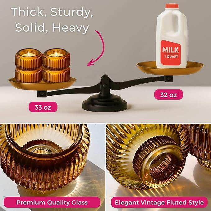 Kate Aspen Amber Taper Candle Holders for Candlesticks Set of 4 - Fluted Candlestick Holders for Fall Decor, Home Decor, Votive Candle Holder Decor, Tea Light Holder, Centerpiece Table Decorations