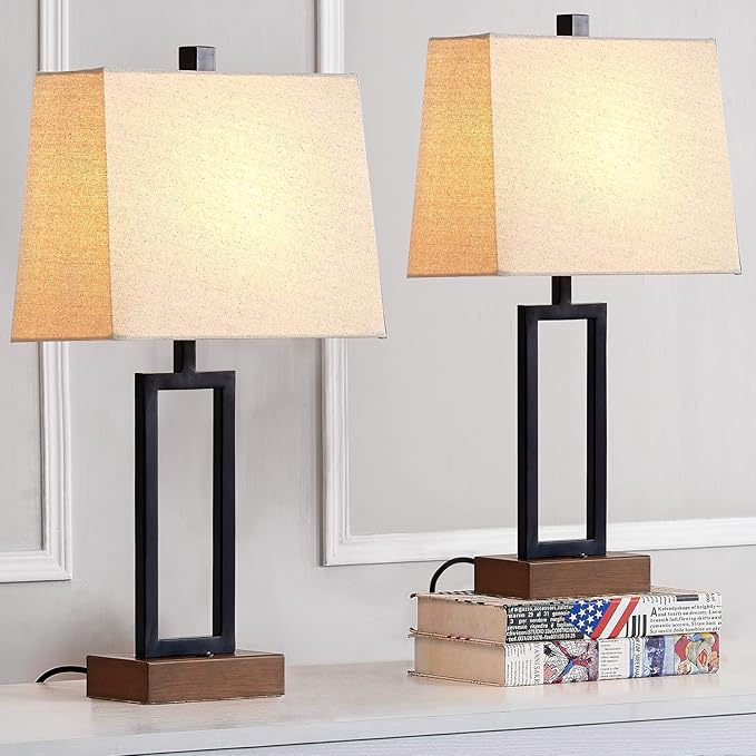 Table Lamp for Bedroom Set of 2 with 2 USB Ports and AC Power Outlet, 23.5" Modern Bedside Lamp, Wood Nightstand Lamp with Linen Shade for Living Room Hotel Desk(LED Bulb Included)