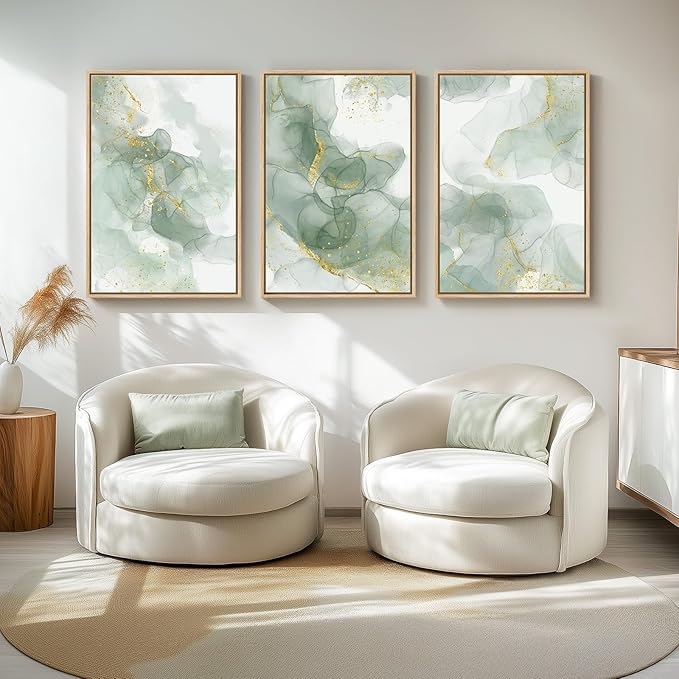 Large Framed Sage Green Abstract Wall Art for Living Room, 3 Piece Green and Gold Canvas Prints Paintings Artwork for Walls, Modern Minimalist Pictures for Hallway Stair Office Wall Decor 24x36 In
