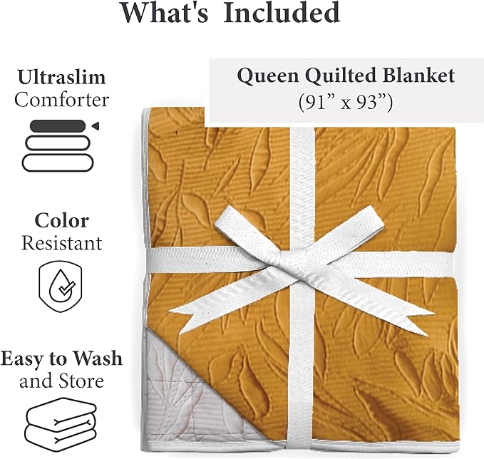 Vianney Queen Comforter Novo Marla Design Reversible Lightweight Quilt Blanket 91x93 Inches Soft Cozy Bedding in Yellow-Orange and White Leaf Pattern