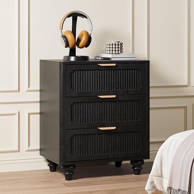 3 Drawer Dresser for Bedroom, Mid Century Modern Closet Dressers Chest of Drawers, Fluted Wood Wide Nightstand Storage Dresser with Drawers for Living Room, Dressing Room, Entryway, Hallway, Black