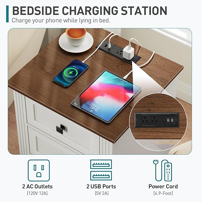 Nightstand with 3 Drawers, 18 Inch Wide End Table with Charging Station, Farmhouse Bedside Table, Side Table for Bedroom, Study, White and Walnut