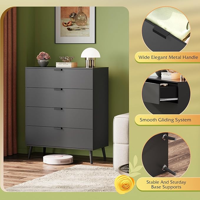 WLIVE 4 Drawer Dresser for Bedroom, Black Tall Dresser, Modern Wood Dressers with Sturdy Metal Handle, Small Chest of Drawers for Living Room, Hallway