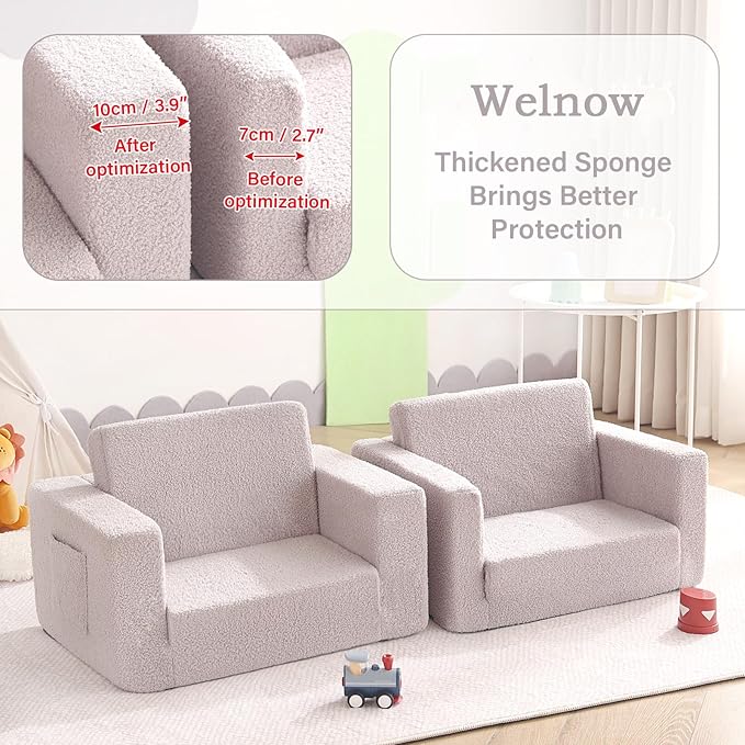 Welnow 2-in-1 Kids Sofa Chair, Convertible Toddler Chair Flip Out Children Sofa Chair Folding Kids Play Sofa with Side Pockets & Removable Cover Armrest Chair for Girl or Boy