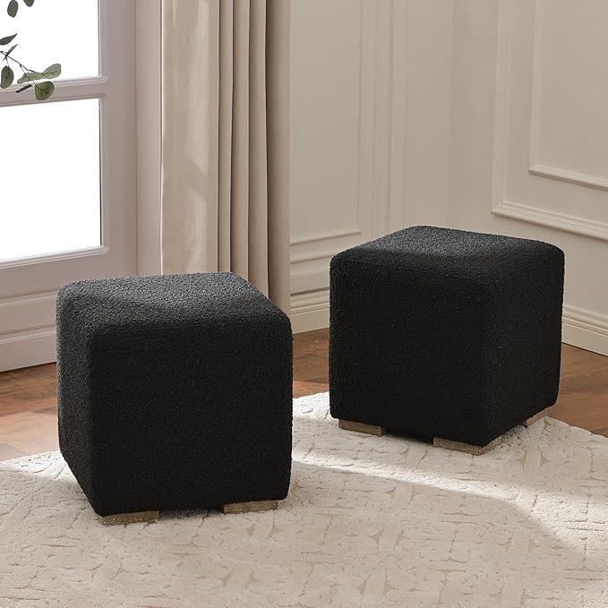 KINWELL 18.5" Wide Modern Square Boucle Upholstered Ottoman with Solid Wood Legs Set of 2, Cube Ottoman Multi-Functional Sofa Footrest, Extra Seating for Living Room, Bedroom, Fully Assembled (Black)