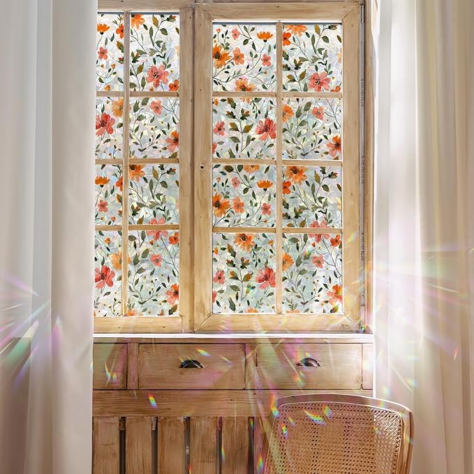 Window Film, Stained Glass Window Privacy Film, Watercolor Flowers Double Sided Non-Adhesive Glass Window Clings Stickers for Home Office Living Room Windows Door Decor